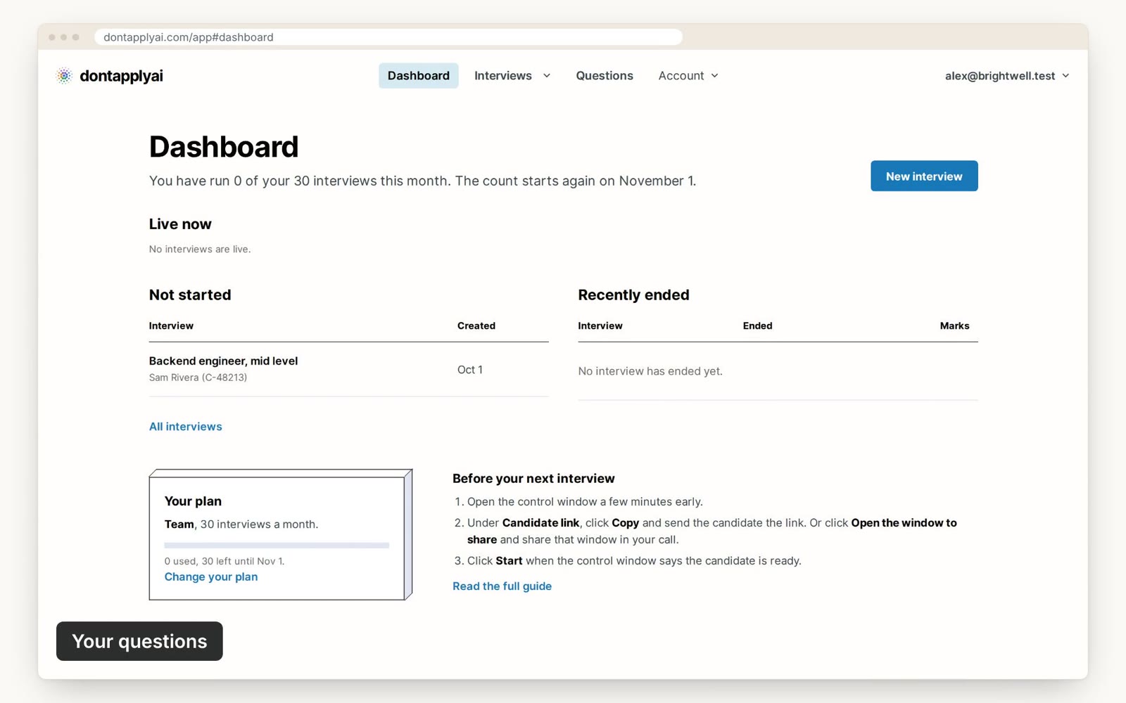 The Dashboard, with the New interview button