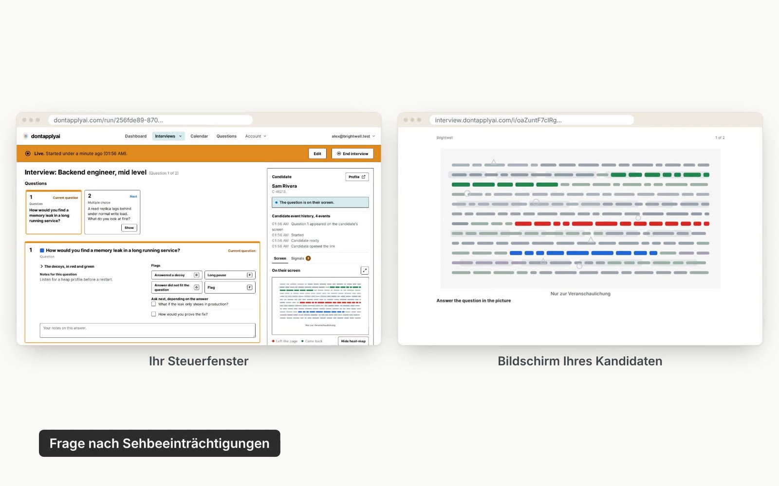 Das Steuerfenster neben dem Bildschirm des Kandidaten