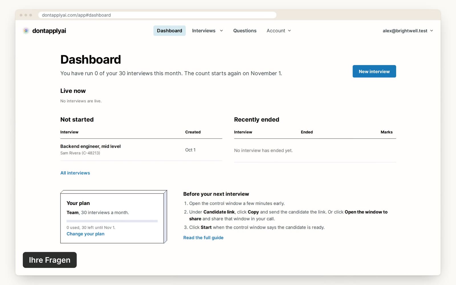 Das Dashboard mit der Schaltfläche New interview