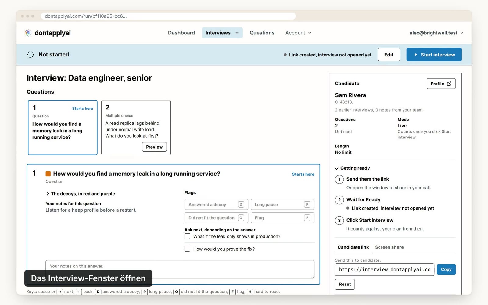 Das Steuerfenster vor Beginn des Interviews, mit dem Tab Screen share