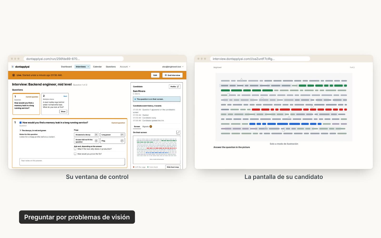 La ventana de control junto a la pantalla del candidato