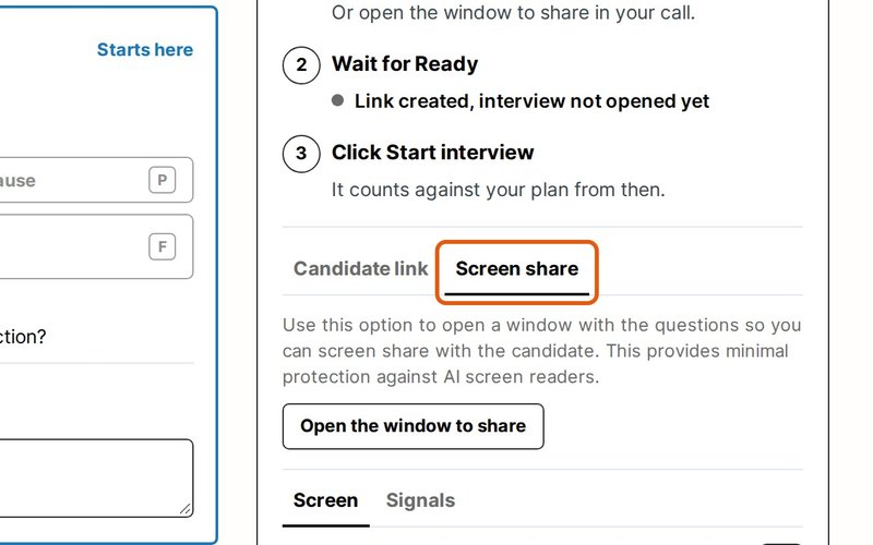 Click the Screen share tab in the control window.