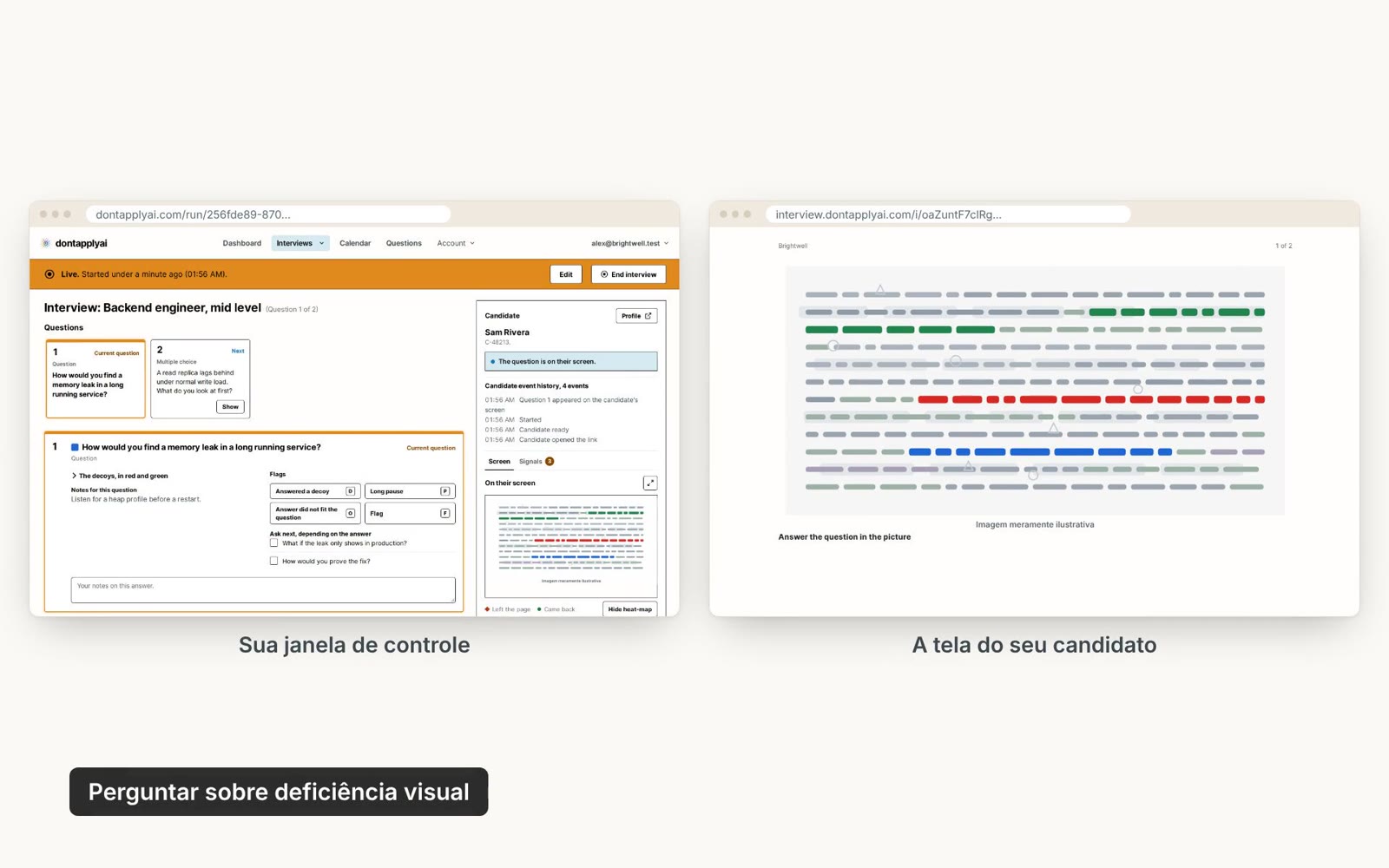 A janela de controle ao lado da tela do candidato