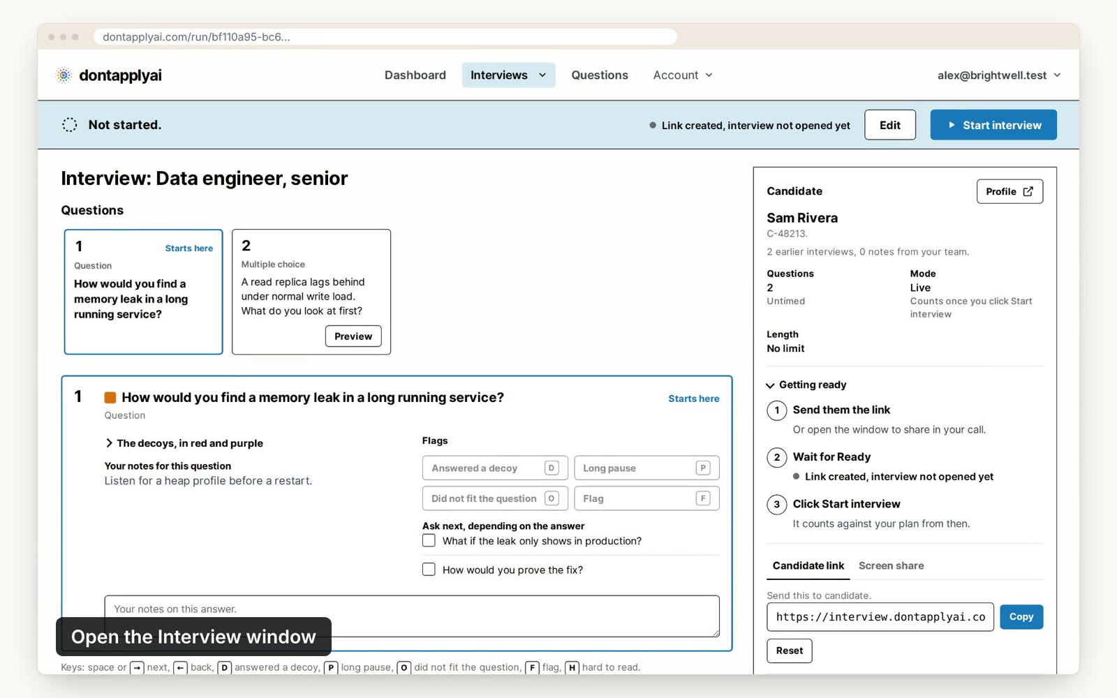 The control window before the interview starts, with the Screen share tab
