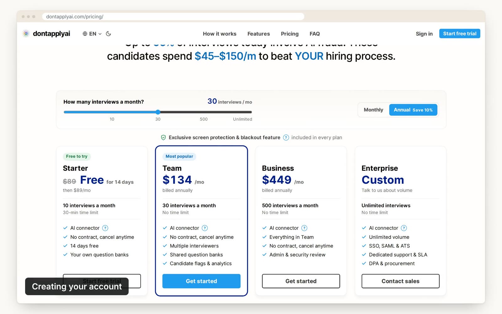 The pricing page, with the four plans